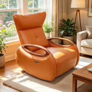 English Elm Power Reclining Swivel Chair Eco Leather Oak Armrests 260 Degree Lounge Seating Orange W3795P502502