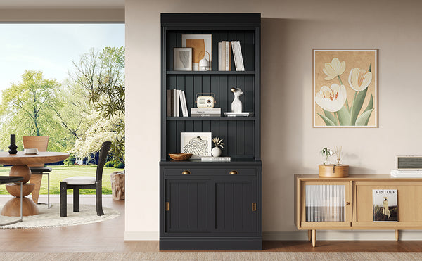 English Elm 83.4"Tall Modern Bookshelf With Sliding Doors, Adjustable Open Shelves For Home Office & Living Room N751S323420B