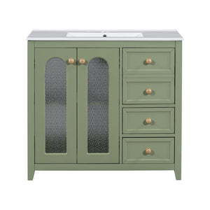 English Elm 36-inch ceramic basin vanity with patterned glass doors, gold round handles & ample storage drawers Green N729P184710F