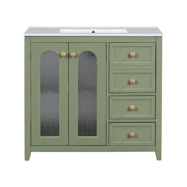 English Elm 36-inch ceramic basin vanity with patterned glass doors, gold round handles & ample storage drawers Green N729P184710F