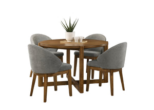 English Elm Andrew Round Walnut Dining Set Seats Four with Upholstered Mid-century Modern Chairs B061S00963
