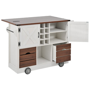 English Elm K&K 54" Farmhouse Kitchen Island Cart with Drop Leaf, Wine Rack, Power Outlet and Rolling Storage White N707P349814W
