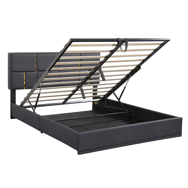 English Elm 2-Pieces Queen Upholstered Platform Bed with Hydraulic Lift and Spacious Storage Ottoman, Elegant Gold Trim Black 50 L x 16 W x 13 H N733S207778B