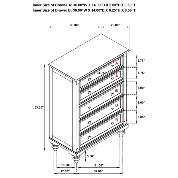 English Elm Berwick Five Drawer Chest with Oak Veneer and Gunmetal Hardware for Bedroom Storage B062P440099