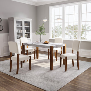 English Elm 5-Piece Modern Dining Set with 46.5" Faux Marble Table & 4 Upholstered Rubberwood Chairs, Space-Saving Elegance for Kitchen and Dining SQ000885AAK