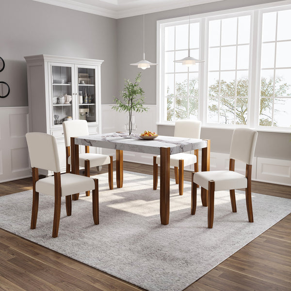 English Elm 5-Piece Modern Dining Set with 46.5" Faux Marble Table & 4 Upholstered Rubberwood Chairs, Space-Saving Elegance for Kitchen and Dining SQ000885AAK