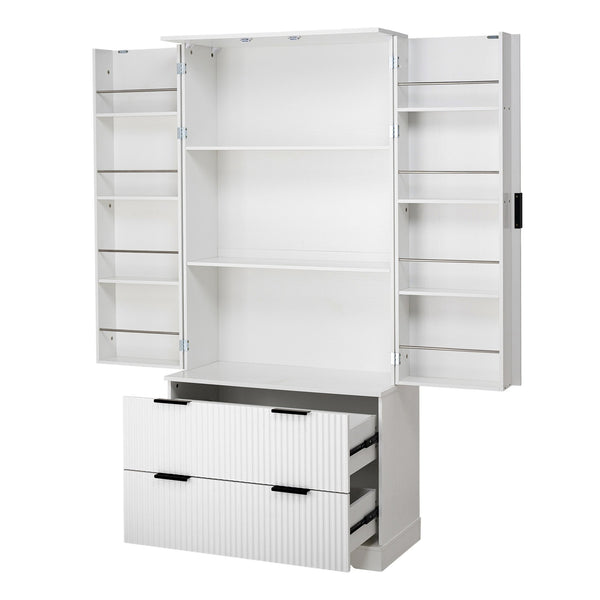 English Elm 72" Modern Fluted Pantry Cabinet with 2 Large Silent Drawers, 8-Door Spice Rack & Adjustable Shelf Organizer White W2917P294993
