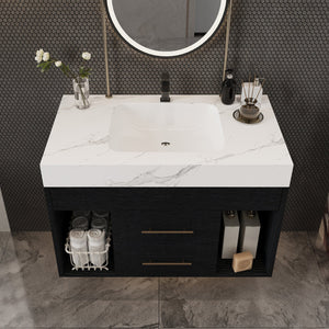 English Elm 29.9" Floating Bathroom Vanity Sintered Stone Top Soft Close Drawers Bronze Gold Hardware W3136S00038
