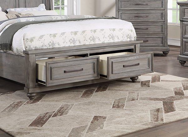 English Elm Queen Sleigh Bed with Underbed Drawers Gray Vintage Transitional 3-Panel Headboard Storage Classic Elegance B011S01399