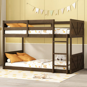 English Elm Twin Twin over Twin Floor Bunk Bed with Rustic Panel Headboards, Solid Rubberwood Frame, Space-Saving Design Antique Dark Oak W504P263818