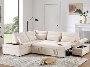 English Elm [video]107'' Chenille Sleeper Sectional with Usb Charging Storage Ottoman and Adjustable Armrest Beige N723S8782A