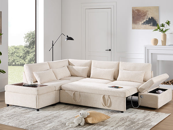 English Elm [video]107'' Chenille Sleeper Sectional with Usb Charging Storage Ottoman and Adjustable Armrest Beige N723S8782A