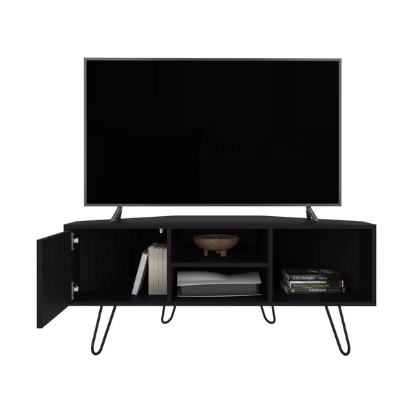 English Elm Lancaster Corner TV Stand with Two Shelves & Two Cabinets, Black MDF, Cable Management, Space-Saving Design B200P335349