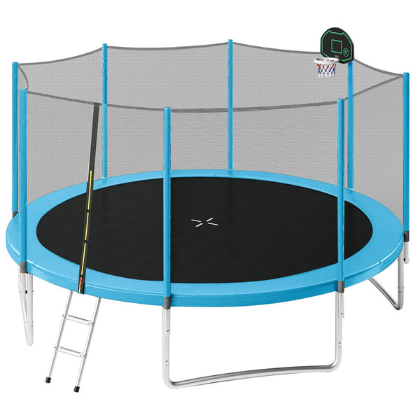 English Elm 14ft Round Backyard Trampoline with Enclosed Safety Net Basketball Hoop and Ladder Blue N739S000003C