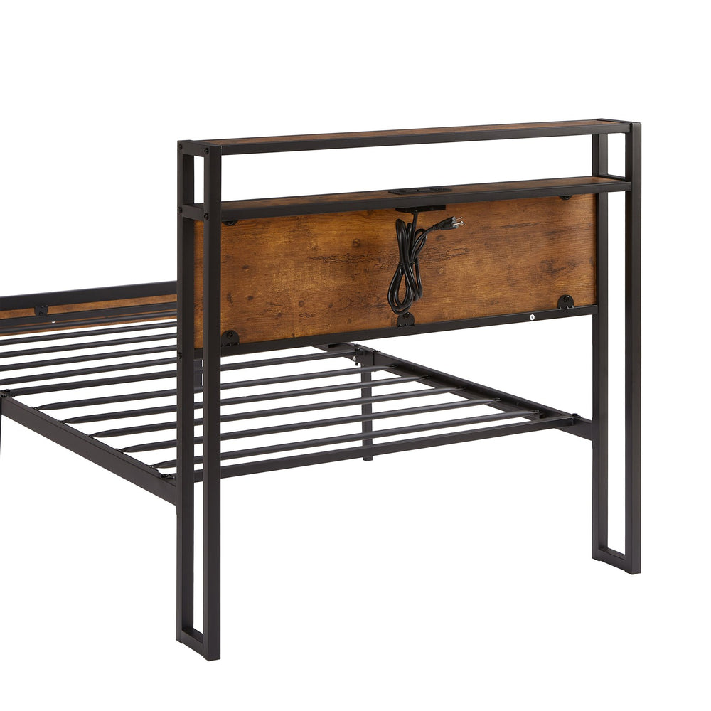 English Elm Twin Metal Platform Bed Frame with Wooden Headboard & Footboard, LED Lights, USB Port, Storage W2297P397411