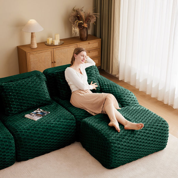 English Elm 82" Modular L-shaped Sectional Sofa Flannelette Upholstered with Movable Ottoman Living Room Green W714S01524