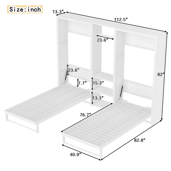 English Elm Twin Twin Murphy Bed with Metal Frame, Foldable 2-in-1 Space-Saving Design, Built-In Wardrobe, Shelves, Power Outlets and Durable Storage Solution White W1580S00287