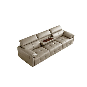 English Elm Genuine Top-grain Leather Three-seat Sofa with Reclining Backrests and Center Storage Beige White W1765S00132