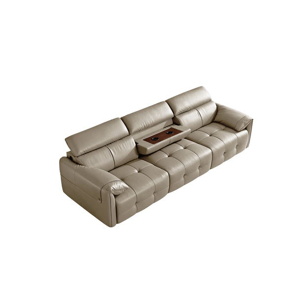 English Elm Genuine Top-grain Leather Three-seat Sofa with Reclining Backrests and Center Storage Beige White W1765S00132