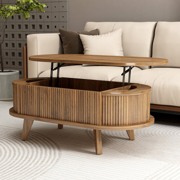 English Elm Fluted Oval Lift Top Coffee Table Walnut Wood Storage Mid Century Living Room W2641P449066