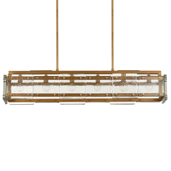 Countervail Rectangular Chandelier - Unique Handcrafted Cast Glass & Antique Brass Design, 6 Lights