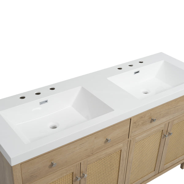 English Elm Christopher Knight Home® - 60 Inch Bathroom Vanity with Double Sinks SMC, Rattan Doors, Soft-Close Drawers, Stable Pine Legs Wood N817P296140N