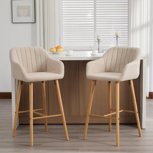 English Elm Modern Linen Upholstered Barstools with Oak Legs Armrests and Footrest for Kitchen Islands Beige W395P396313
