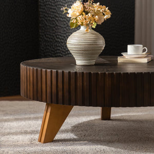 English Elm 35.4 Modern Round Retro Coffee Table with Solid Wood & MDF, Sturdy 110lb Capacity, Stylish Centerpiece Brown W757P241082