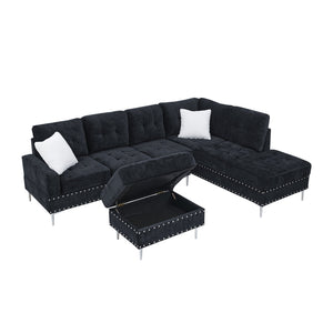 English Elm Sectional L-Shaped Chenille Sofa with Chaise Storage Ottoman, Metal Eucalyptus Frame, 4-Seater Spacious Navy Blue W1413S00118