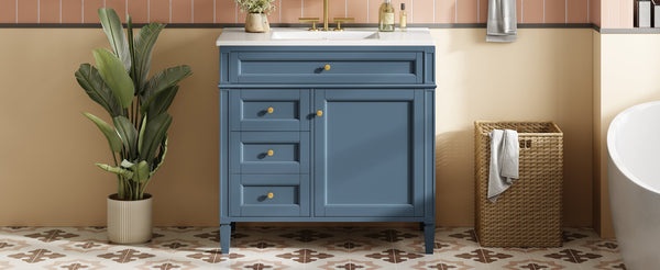 English Elm 36'' Bathroom Vanity With Sink, Modern Indigo Blue Storage Cabinet Featuring 3 Drawers & Adjustable Shelf N710P230246M