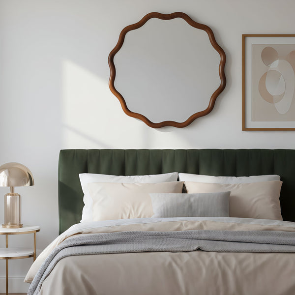 English Elm Black Walnut Solid Wood Wavy Round Mirror Sculptural Bohemian Wall Accent 30 Inch W2203P455238
