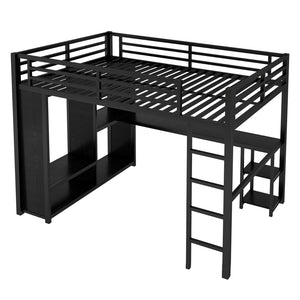 English Elm Queen Size Loft Bed Frame With Integrated Wardrobe, Desk & Shelves - Space-Saving Black Design W1580S00105-GIGA