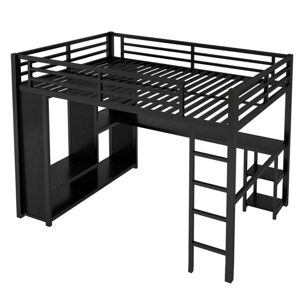 English Elm Queen Size Loft Bed Frame With Integrated Wardrobe, Desk & Shelves - Space-Saving Black Design W1580S00105-GIGA
