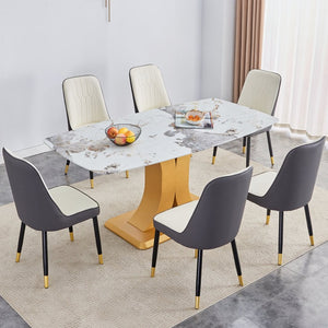 English Elm Table Luxurious Glass Dining Set With Golden C-Shaped Legs & 6 Ergonomic Pu Chairs For Modern Homes W1151S03246-GIGA
