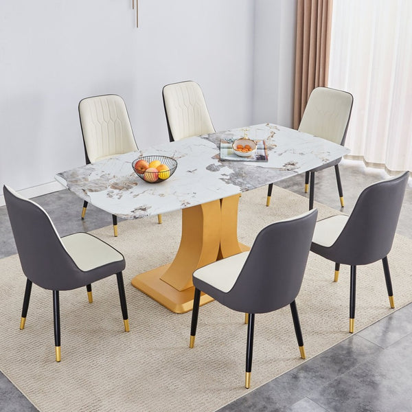 English Elm Table Luxurious Glass Dining Set With Golden C-Shaped Legs & 6 Ergonomic Pu Chairs For Modern Homes W1151S03246-GIGA