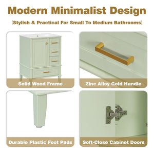 English Elm 24" Olive Bathroom Vanity Solid Wood Frame Ceramic Sink Gold Hardware Soft Close Green N729P373276F