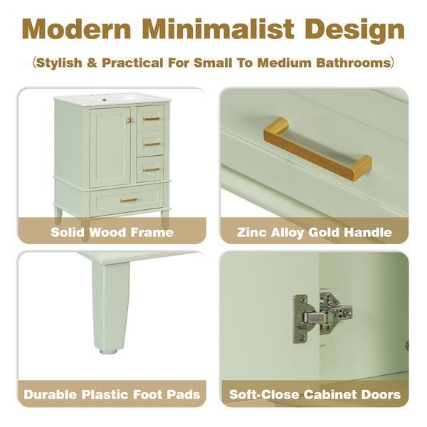 English Elm 24" Olive Bathroom Vanity Solid Wood Frame Ceramic Sink Gold Hardware Soft Close Green N729P373276F