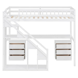 English Elm Twin Loft Bed with Staircase Desk Dual Drawers and Led Strip for Kids Rooms LT000257AAK