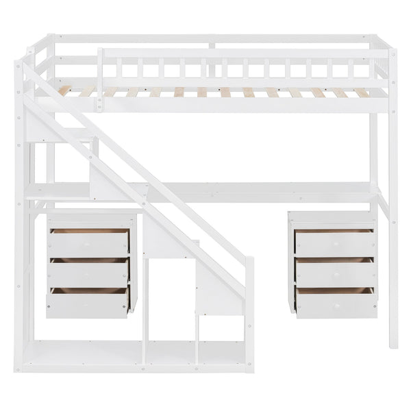 English Elm Twin Loft Bed with Staircase Desk Dual Drawers and Led Strip for Kids Rooms LT000257AAK