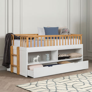 English Elm Twin Captain Bed with Trundle, White & Light Oak Transitional Frame, Built-In Shelves & Ladder — Space-Saving Twin Storage Design B2741S00491