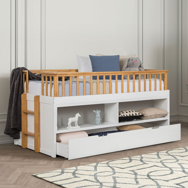 English Elm Twin Captain Bed with Trundle, White & Light Oak Transitional Frame, Built-In Shelves & Ladder — Space-Saving Twin Storage Design B2741S00491