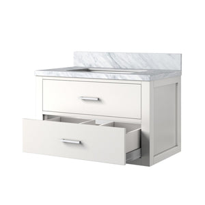 English Elm White Single Vanity With Carrara Marble Top, 30" W X 22" D - Elegant Design, Soft-Close Drawers! B2731P257940-GIGA