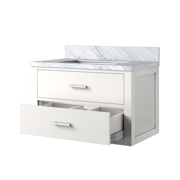 English Elm White Single Vanity With Carrara Marble Top, 30" W X 22" D - Elegant Design, Soft-Close Drawers! B2731P257940-GIGA