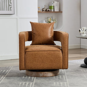 English Elm 28.9"w Swivel Barrel Accent Chair Faux Leather Open Back with Rubberwood Base Brown W3188P417874