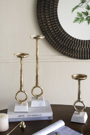 English Elm S/3 Gold Aluminum Pillar Candle Holders with Genuine Marble Base and Ring Detail W2078P490395