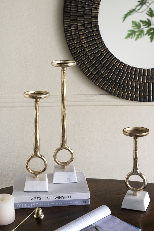 English Elm S/3 Gold Aluminum Pillar Candle Holders with Genuine Marble Base and Ring Detail W2078P490395