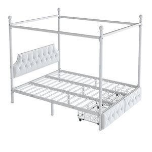 English Elm Queen Metal Canopy Platform Bed with Upholstered Velvet Headboard, Built-In Storage Drawers, White Elegance DL000656AAK