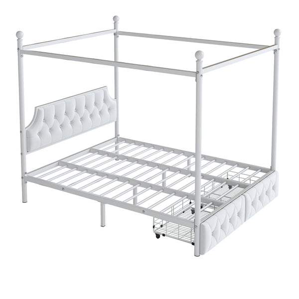English Elm Queen Metal Canopy Platform Bed with Upholstered Velvet Headboard, Built-In Storage Drawers, White Elegance DL000656AAK