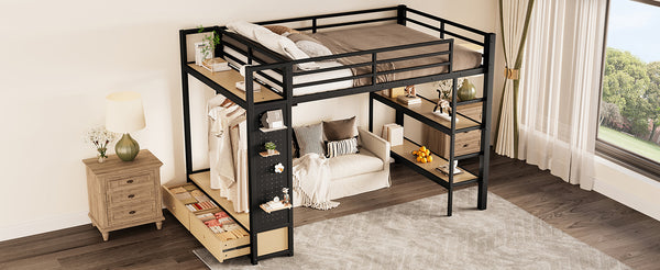 English Elm Full Size Loft Bed Frame With Integrated Wardrobe, Storage Shelves, And Pegboard For Smart Living W1580S00232