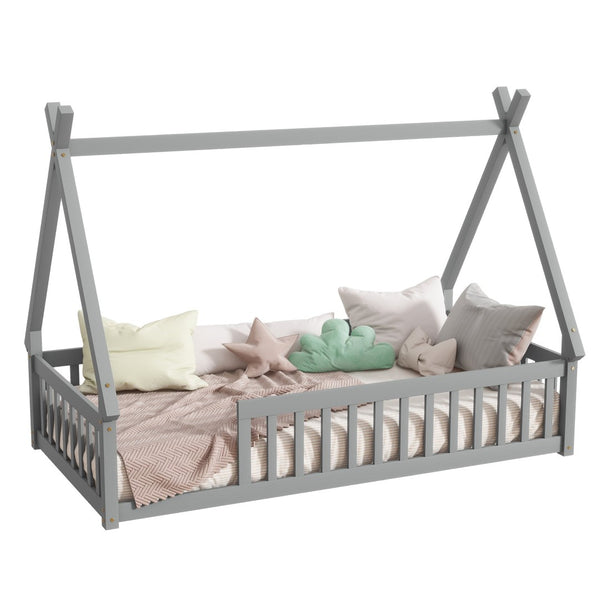 English Elm Twin Tent-Shaped Floor Bed With Guardrails, Grey Teepee Design For Safe Playful Sleep & Comfort W504P345774-GIGA